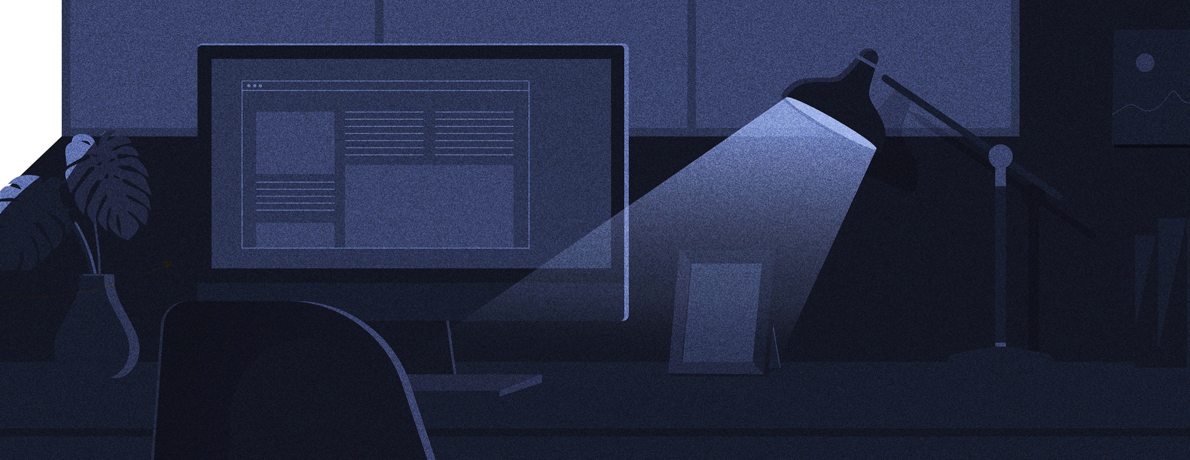 Arianee film opening frame: a dark navy home office at night, a desk lamp lighting the monitor