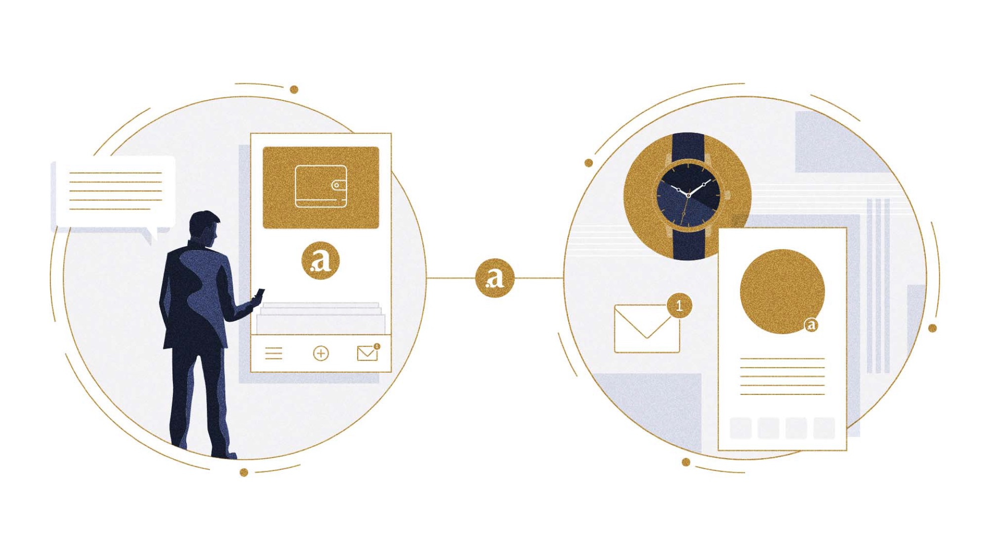 Style frame: a man with a phone linked by an Arianee token to a watch and its digital certificate