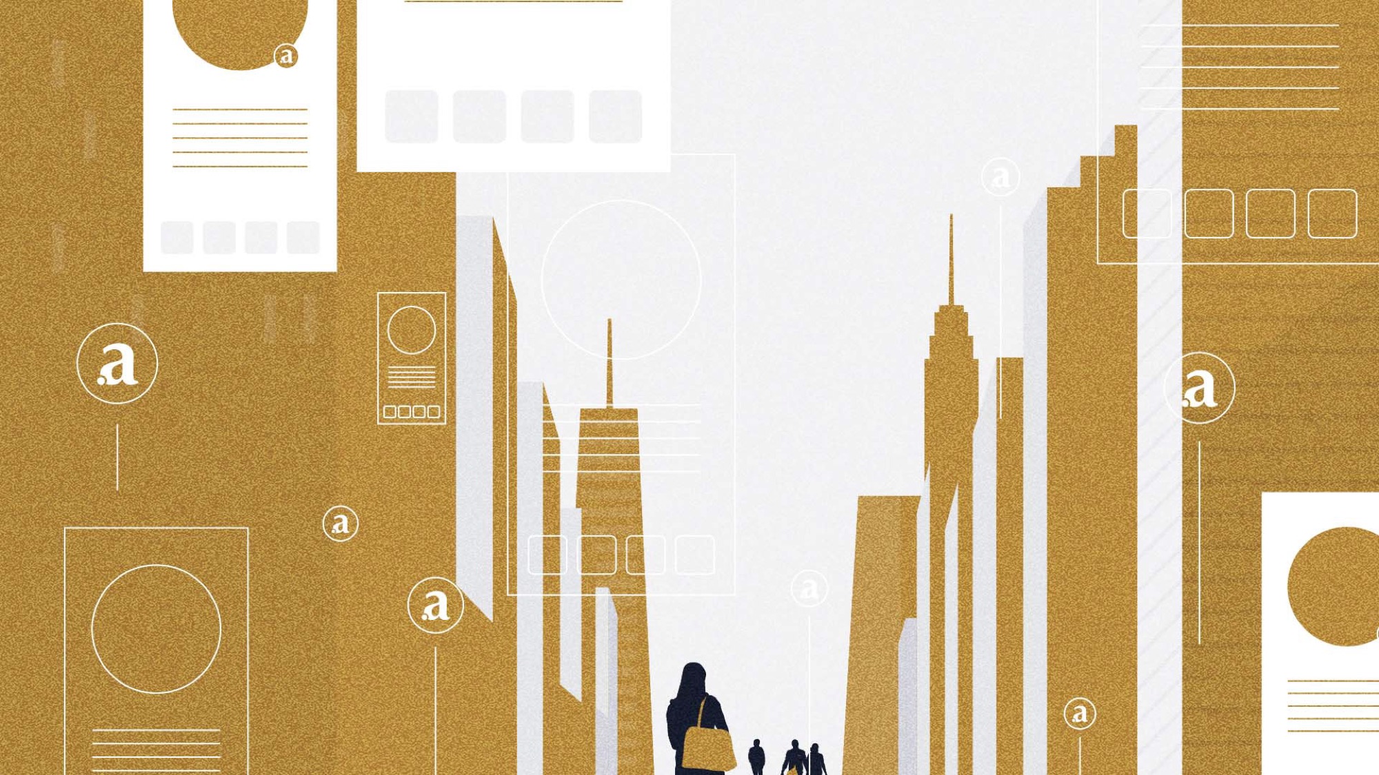 Style frame: a gold city street with Arianee tokens and cards floating between buildings