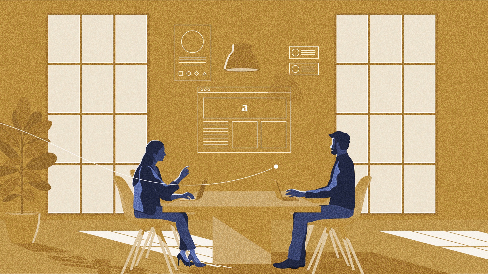 Style frame: two people at a table in a sunlit gold office, an Arianee certificate between them
