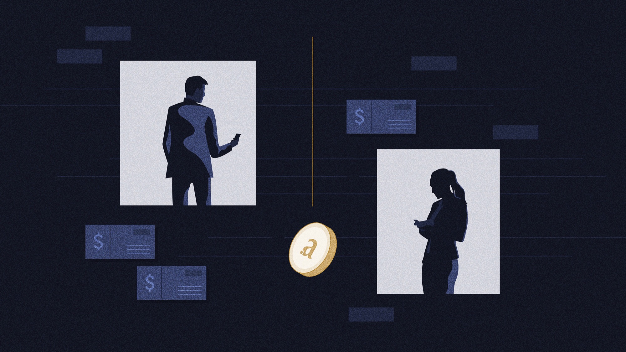 Style frame: two silhouettes on their phones exchanging an Arianee token
