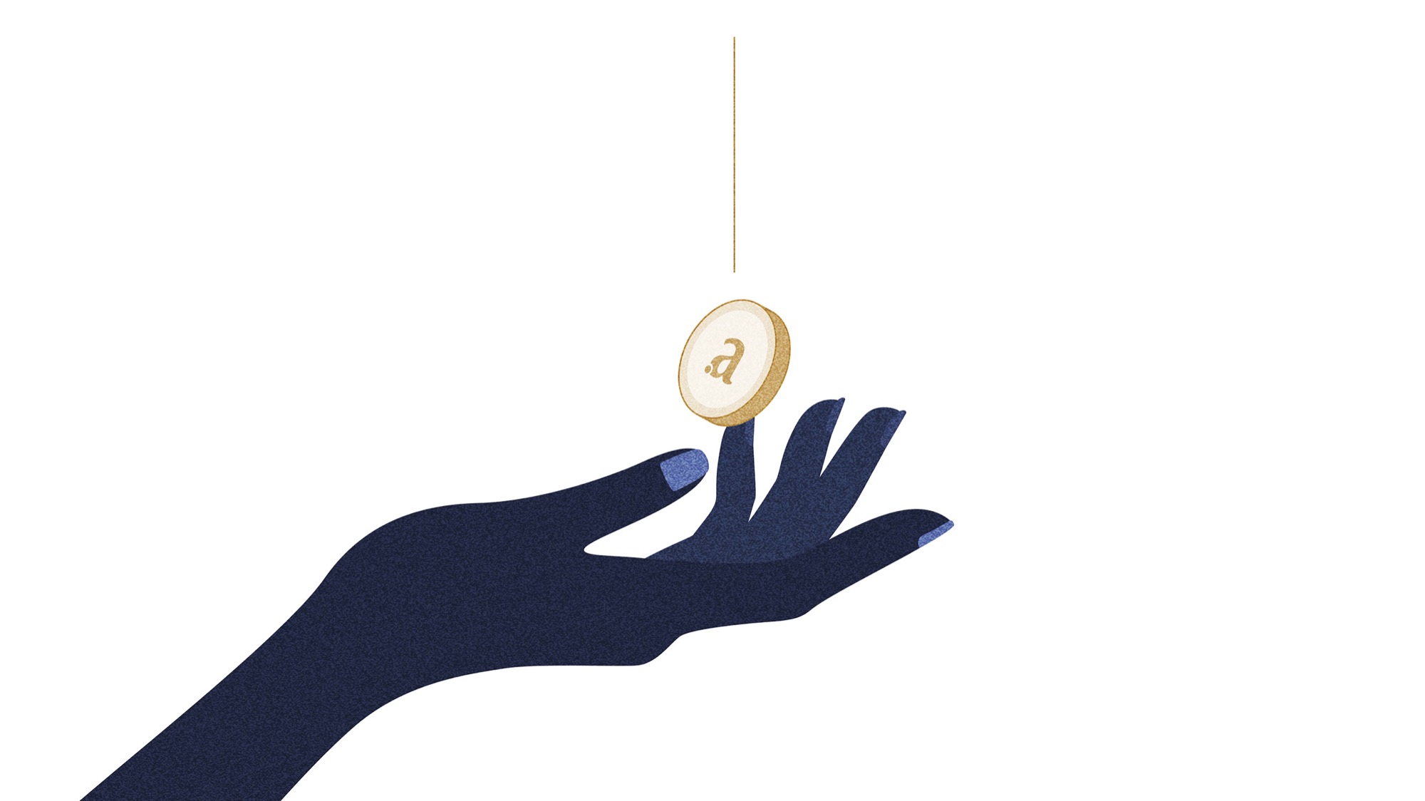 Style frame: a navy hand catching a gold Arianee token on a white background
