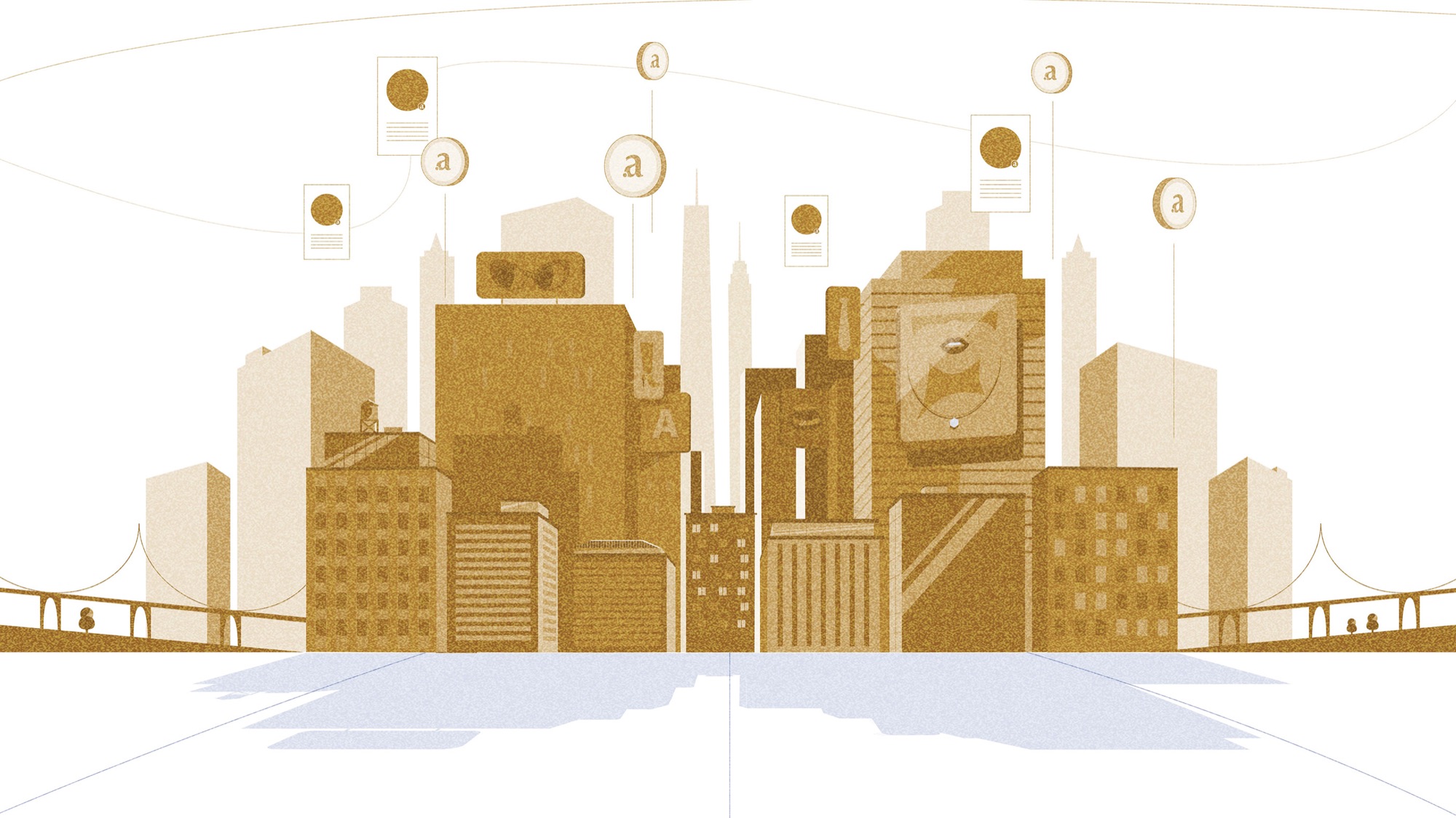 Style frame: a cream and gold city skyline with Arianee tokens rising above it