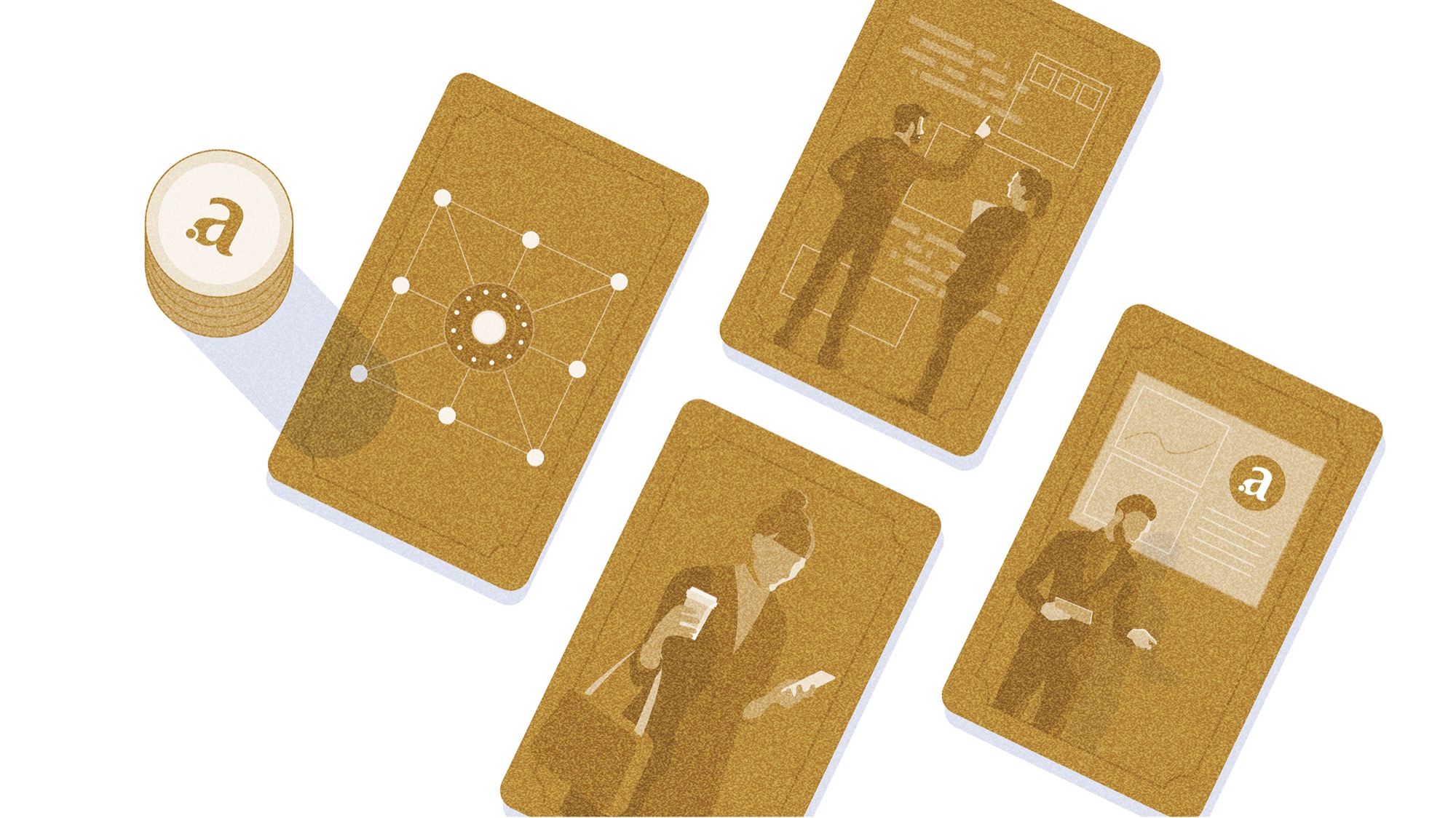 Style frame: gold certificate cards for people and objects linked by a network