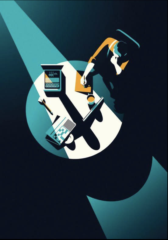 Reference: a spotlit desk seen from above in teal and cream
