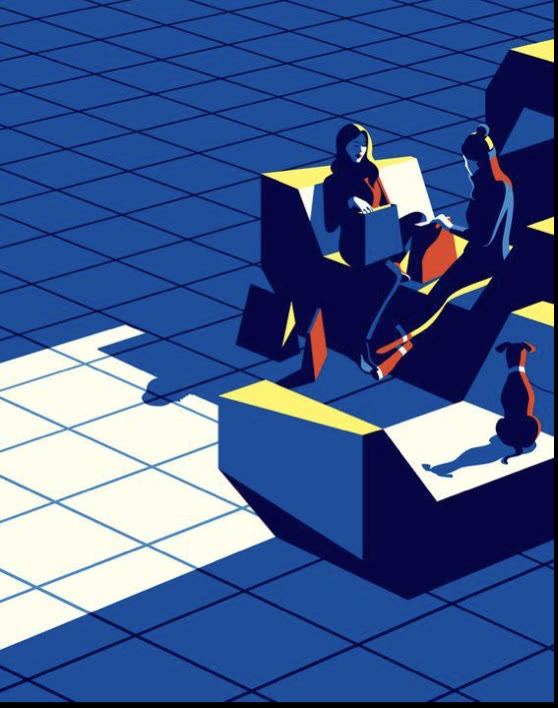 Reference: two women on a blue sofa in hard sunlight