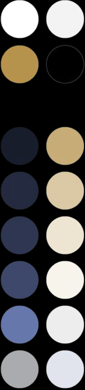 Palette: whites, gold and black above a column of navy tones beside a column of golds and creams