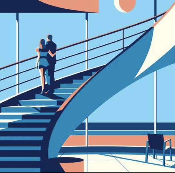 Reference: a couple on a curved staircase in blue and coral