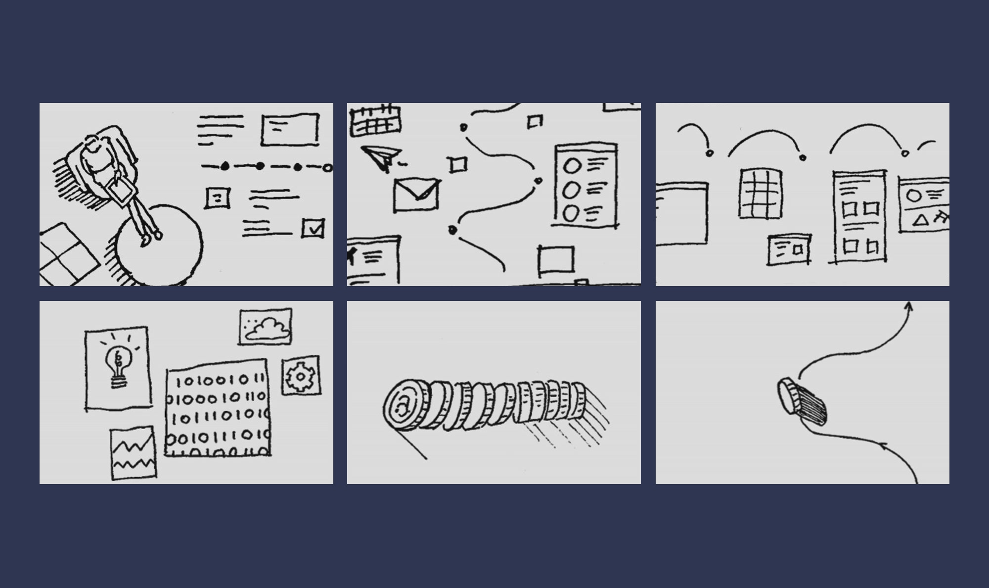 Before: six black-ink storyboard sketches of the opening and token scenes