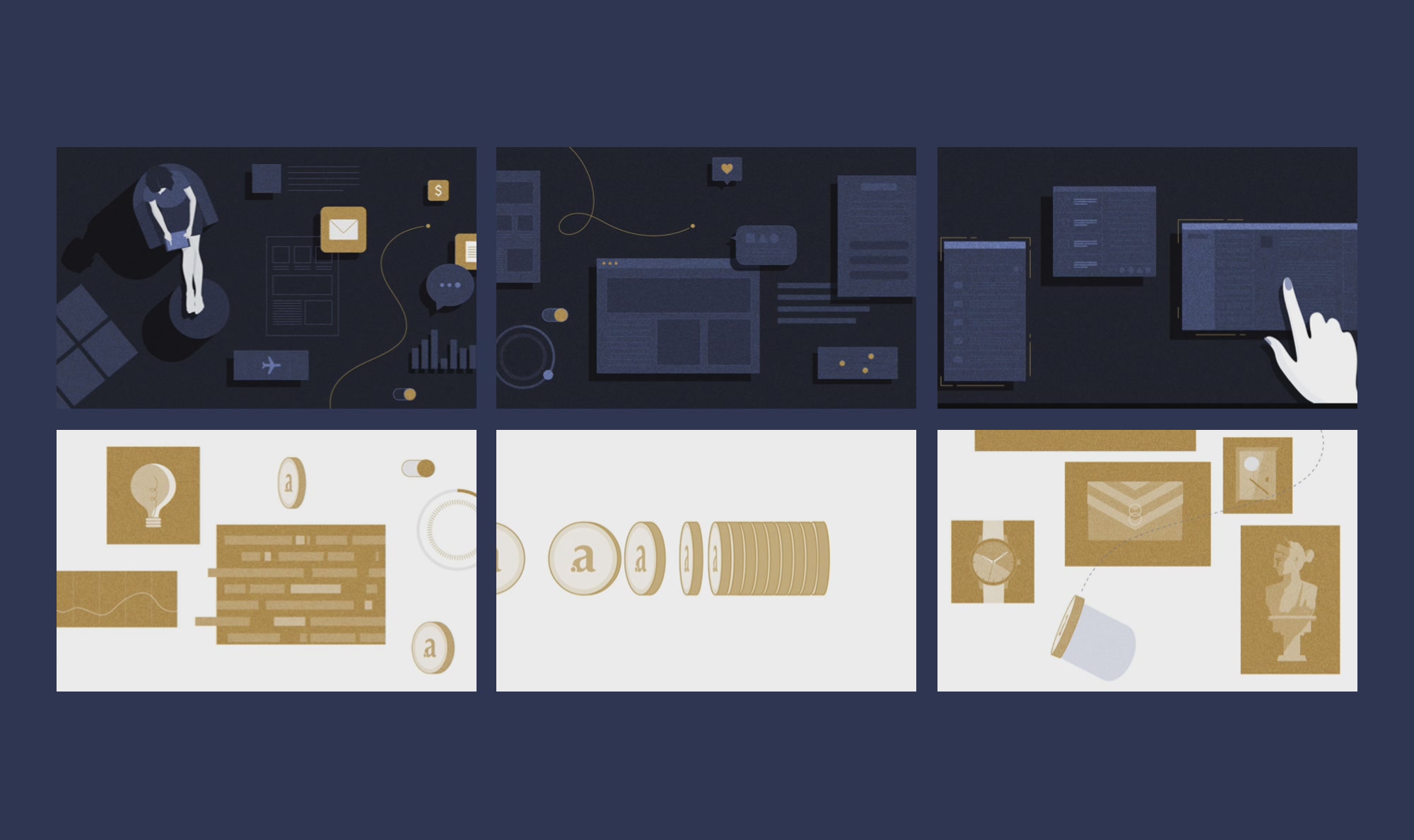 After: the same six scenes as finished style frames in navy and gold
