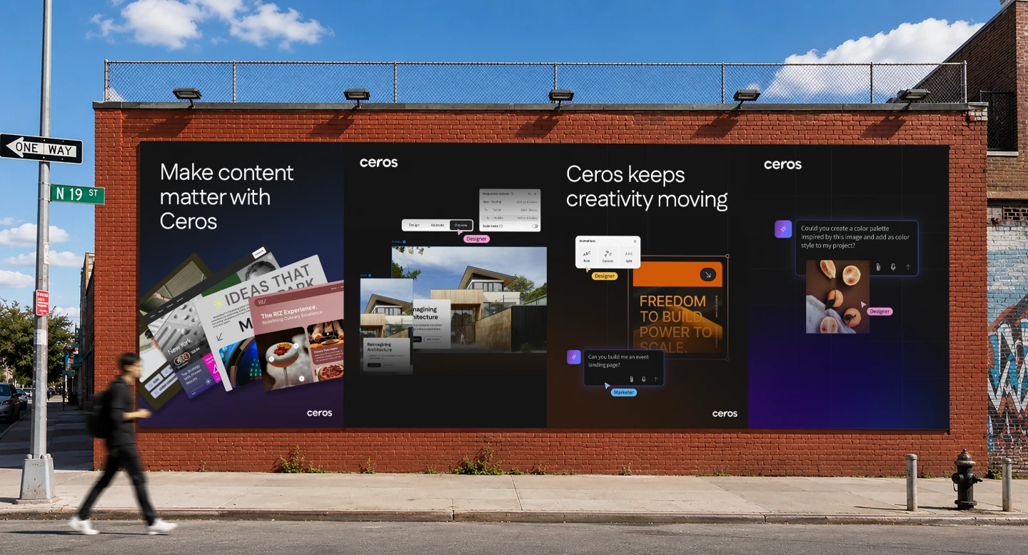 Ceros billboard on a brick wall: Make content matter with Ceros, and Ceros keeps creativity moving