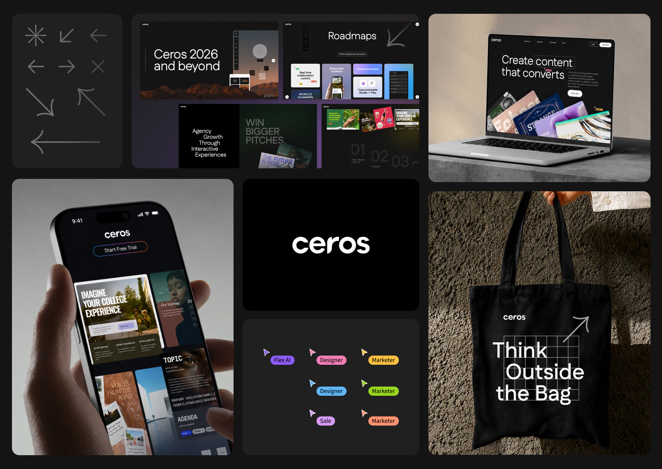 Ceros 2026 brand applications: icon set, pitch decks, laptop and phone mockups, wordmark, collaboration cursors, and the Think Outside the Bag tote