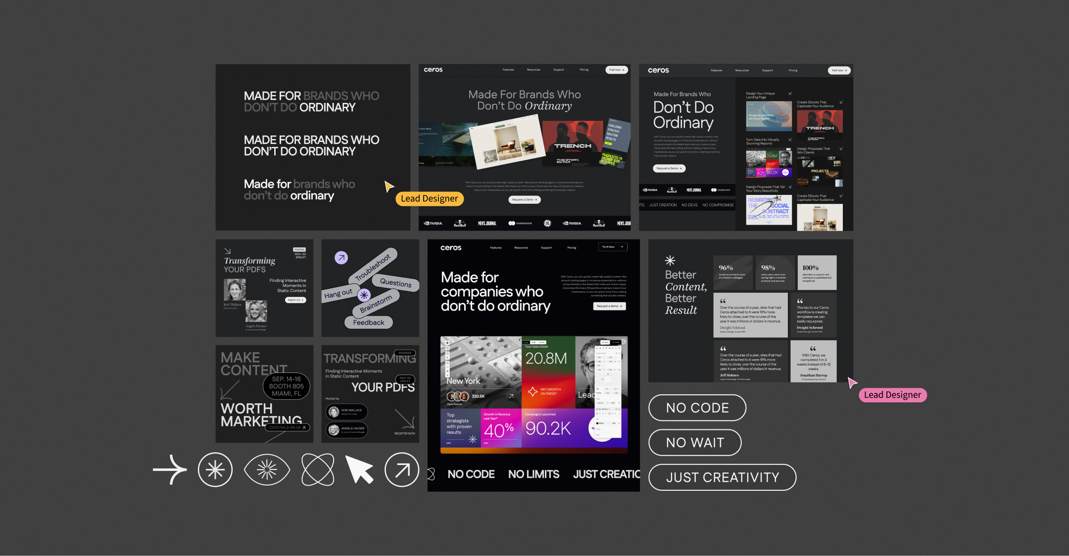 Exploration board from the shared file: Made for brands who don't do ordinary headline studies, homepage routes, social posts, icons and pills