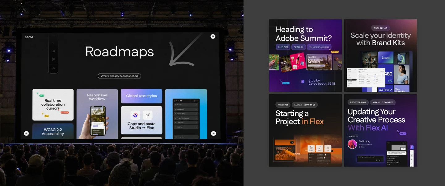 Roadmaps keynote slide on a stage screen, beside four social posts: Heading to Adobe Summit, Scale your identity with Brand Kits, Starting a Project in Flex, Updating Your Creative Process With Flex AI