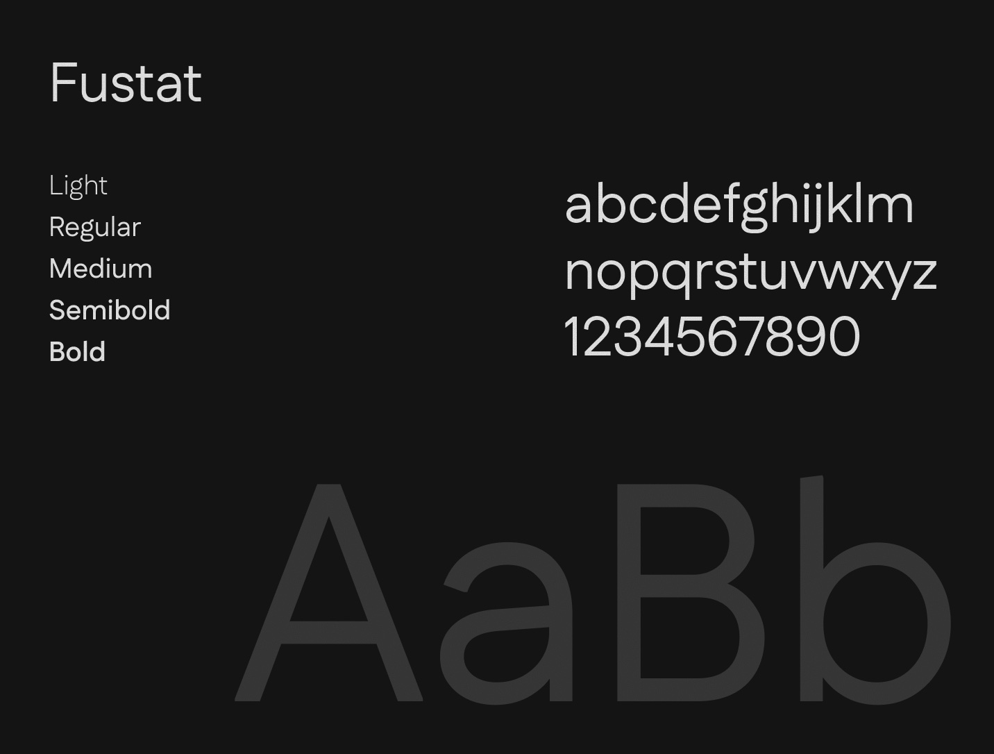 Fustat type specimen: Light, Regular, Medium, Semibold and Bold weights, the alphabet and numerals, and a large AaBb