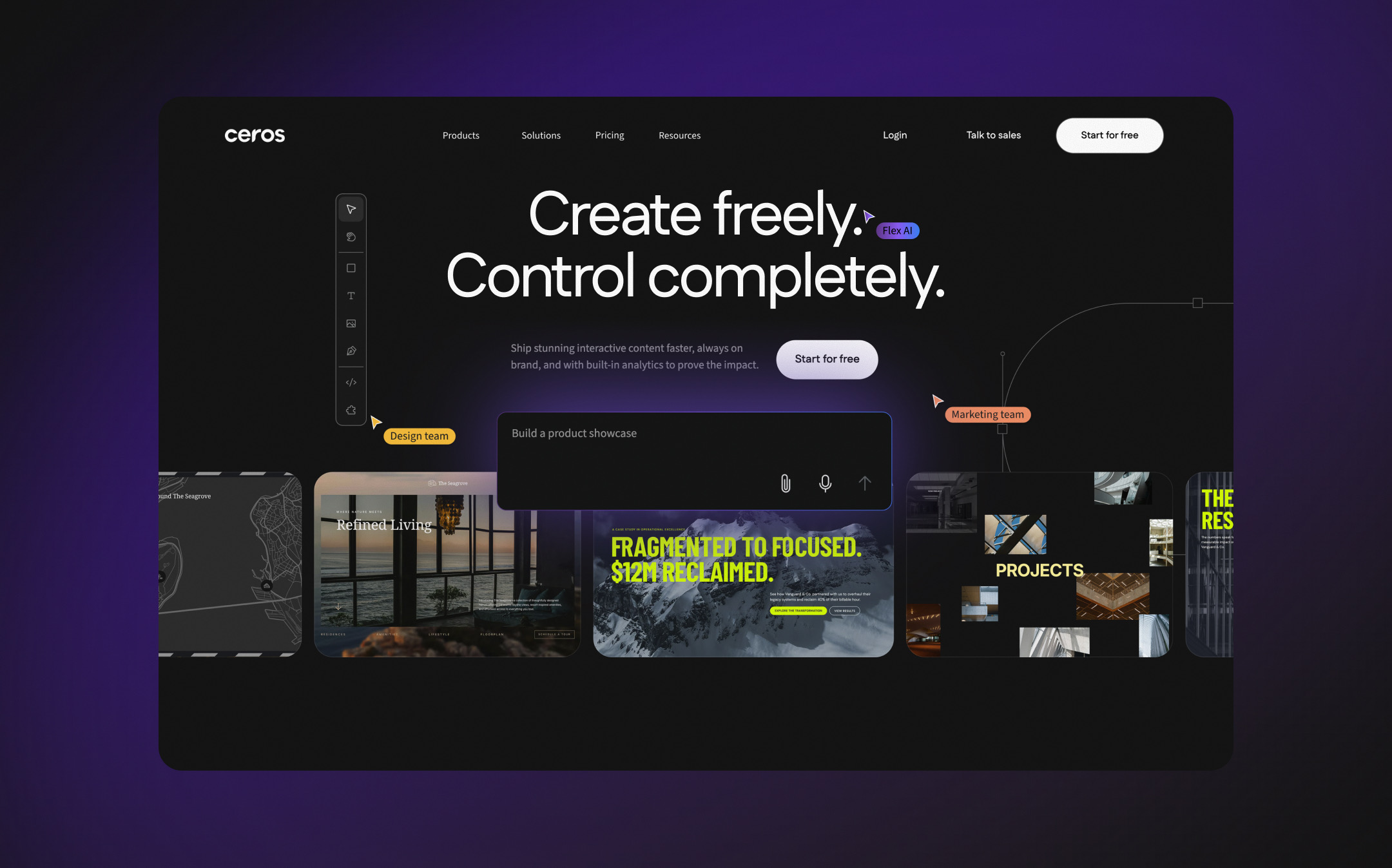 The rebranded Ceros homepage: Create freely. Control completely.