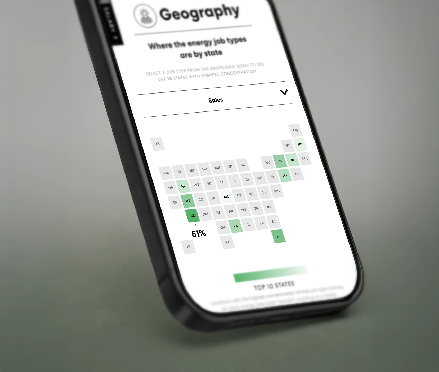 Mobile: the same state map with a job type dropdown, showing Sales