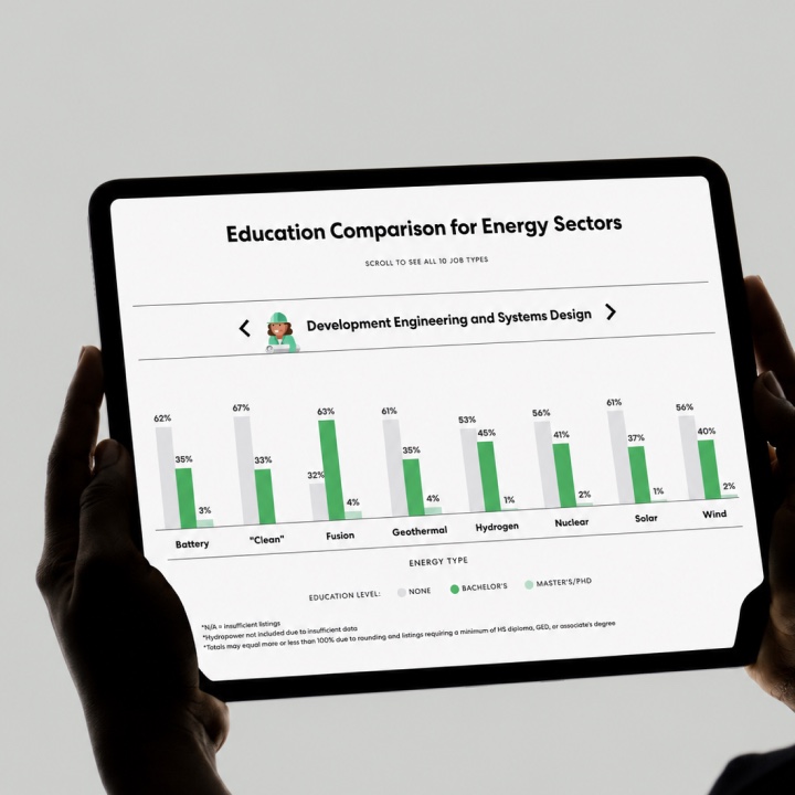 Education Comparison for Energy Sectors on a tablet, showing degree levels for Development Engineering and Systems Design across eight energy types