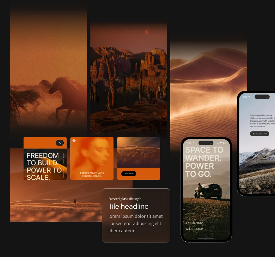 Campaign imagery: desert horses, canyons and dunes in orange light, campaign tiles, a frosted glass tile style, and mobile screens