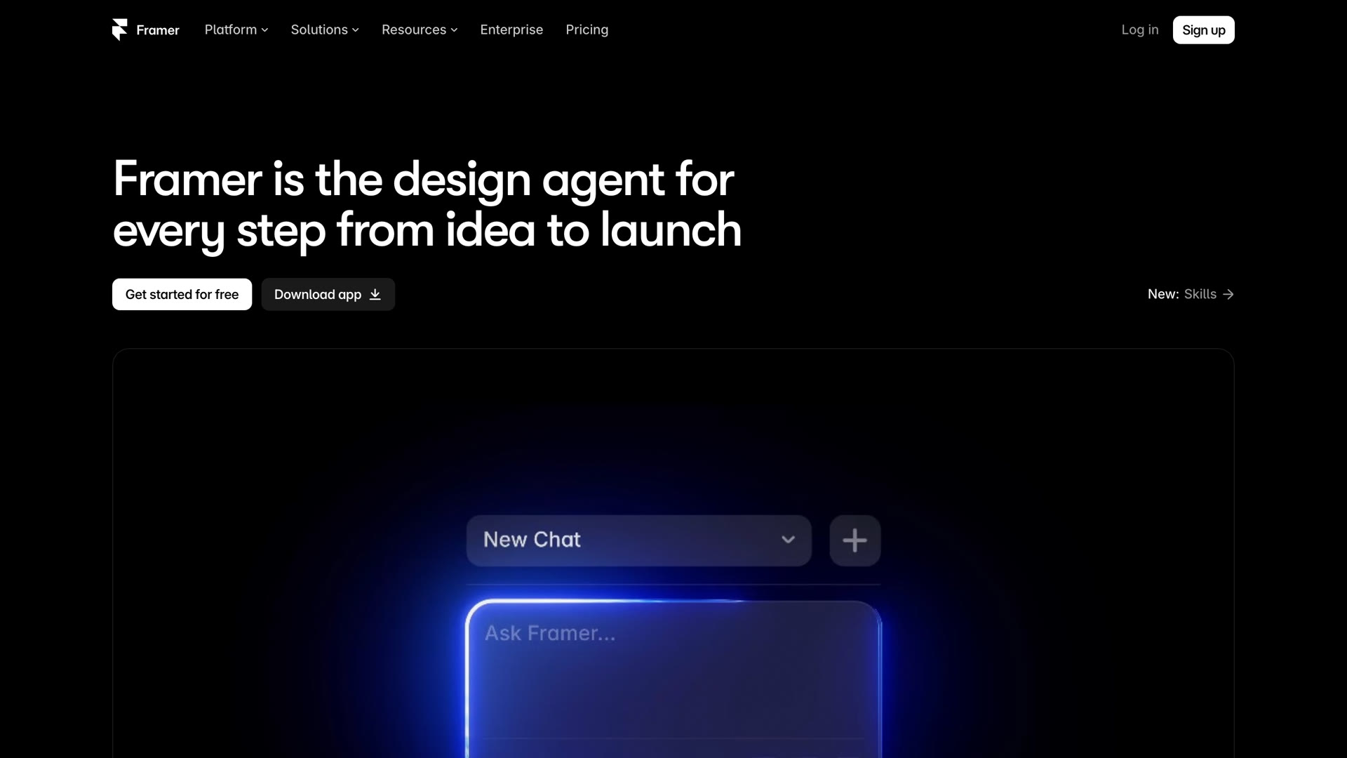 Framer homepage: black background with an electric blue glowing AI prompt box