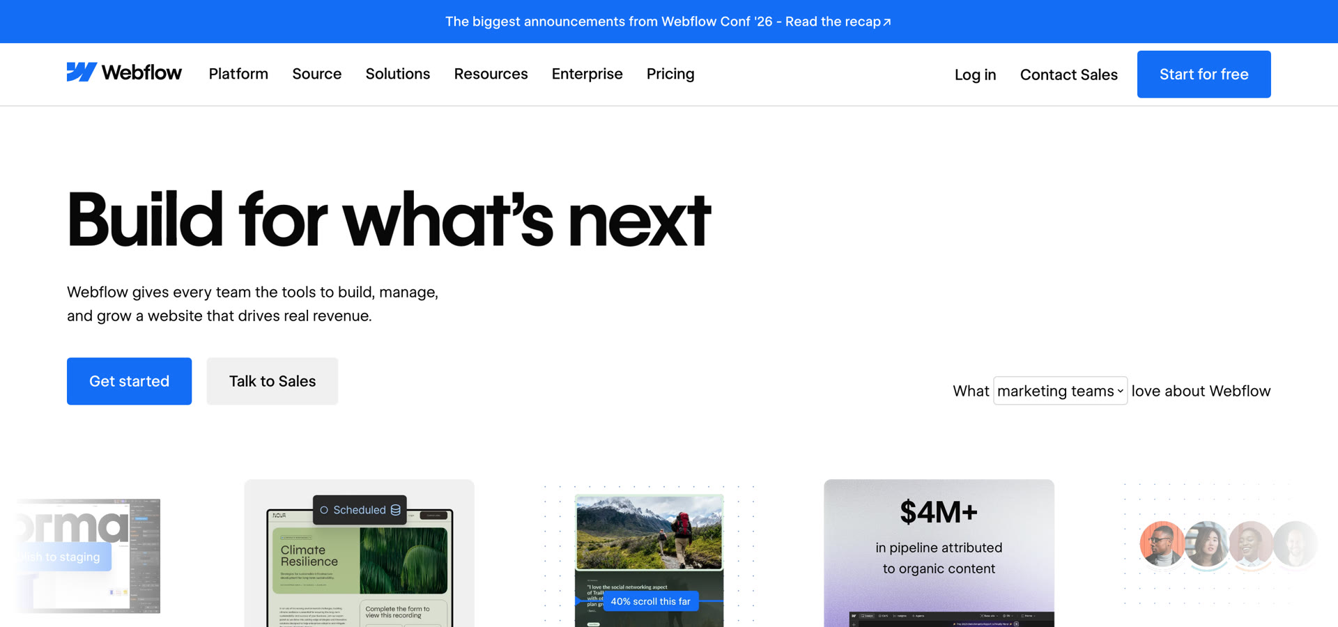 Webflow homepage: white and bright blue, with a technical product-led layout