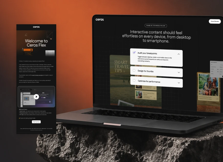 Welcome to Ceros Flex email beside a Ceros Educate page on a laptop