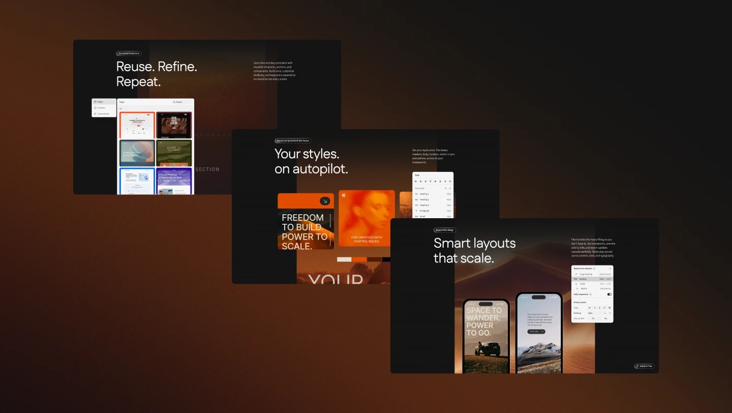 Three Flex launch pages on warm brown: Reuse. Refine. Repeat. with templates and sections; Your styles. on autopilot. with brand text styles; Smart layouts that scale. with responsive phones