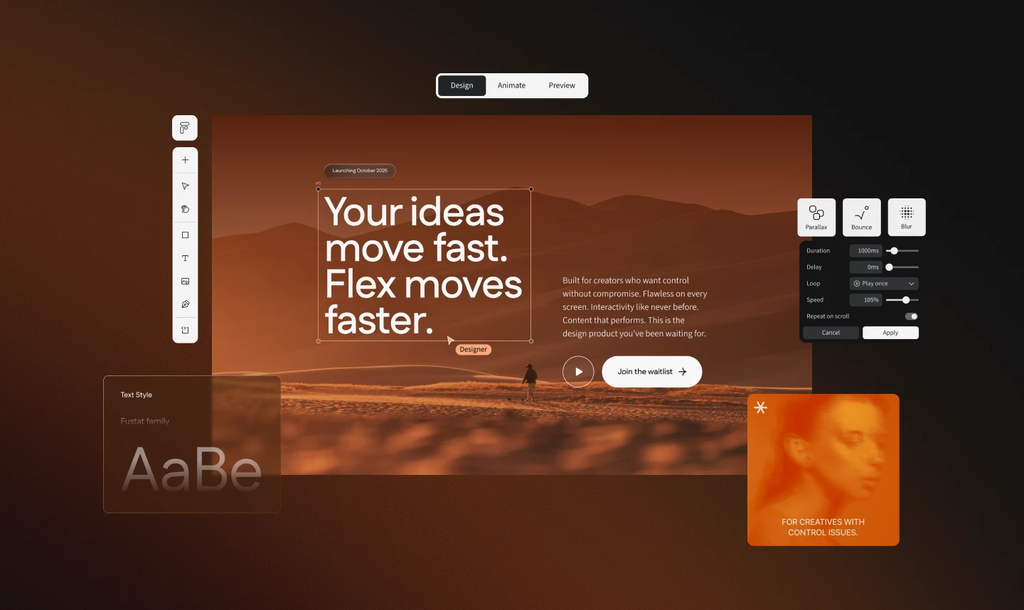 Flex launch page: warm desert light and orange, Your ideas move fast. Flex moves faster.