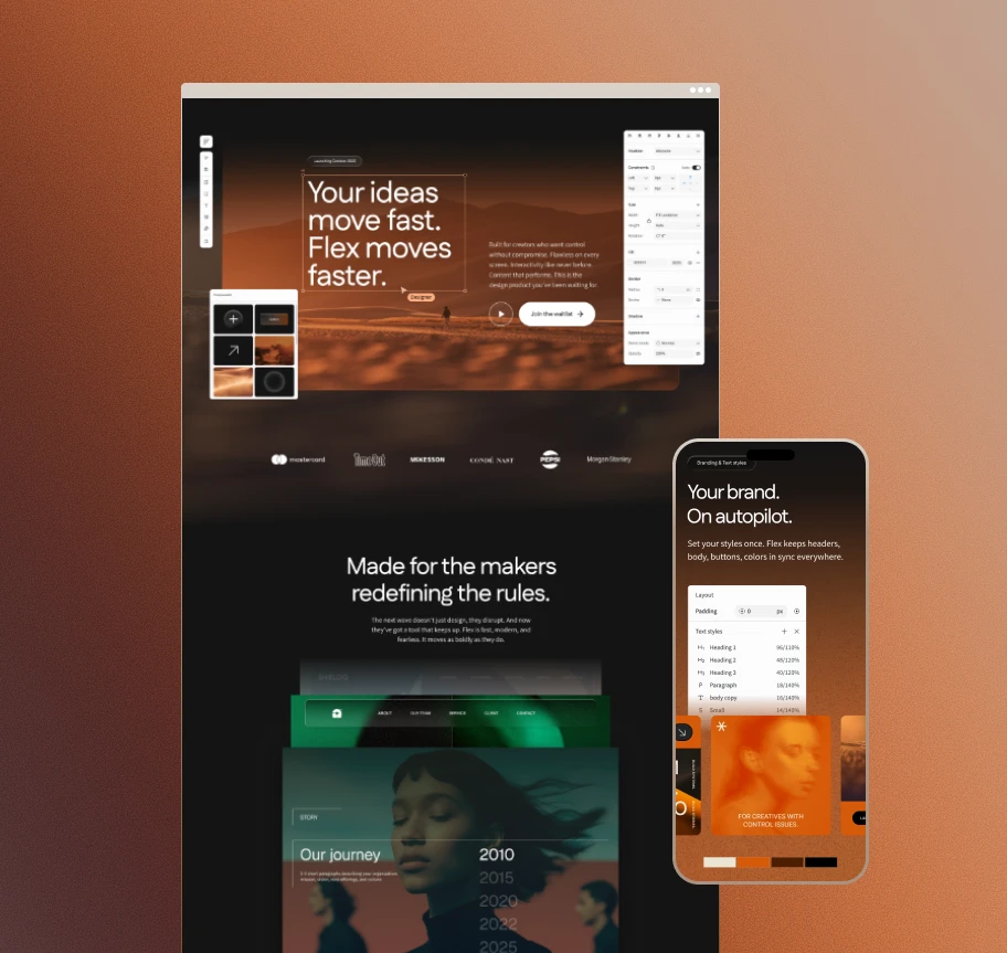 Flex launch landing page in a browser and on a phone, with editor panels for components and text styles