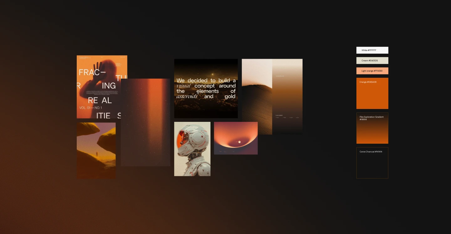 Mars mood board: orange and gold desert imagery, an astronaut helmet, editorial type, and the palette from white and cream to orange, the Flex exploration gradient, and Ceros Charcoal