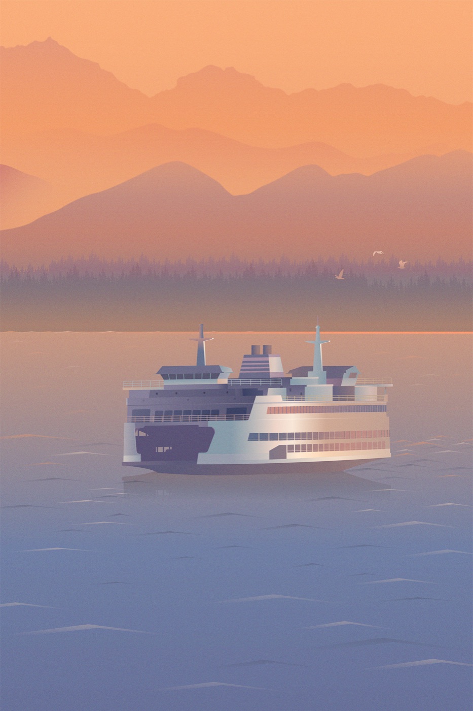 Sunset Ferry: a Washington State ferry crossing Puget Sound under orange mountains