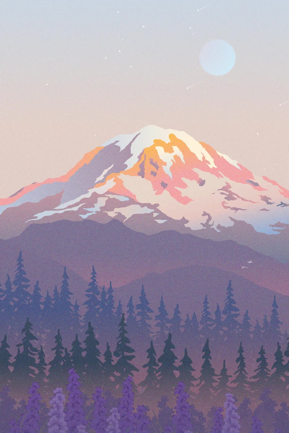 Mount Rainier at dusk above a purple forest, poster