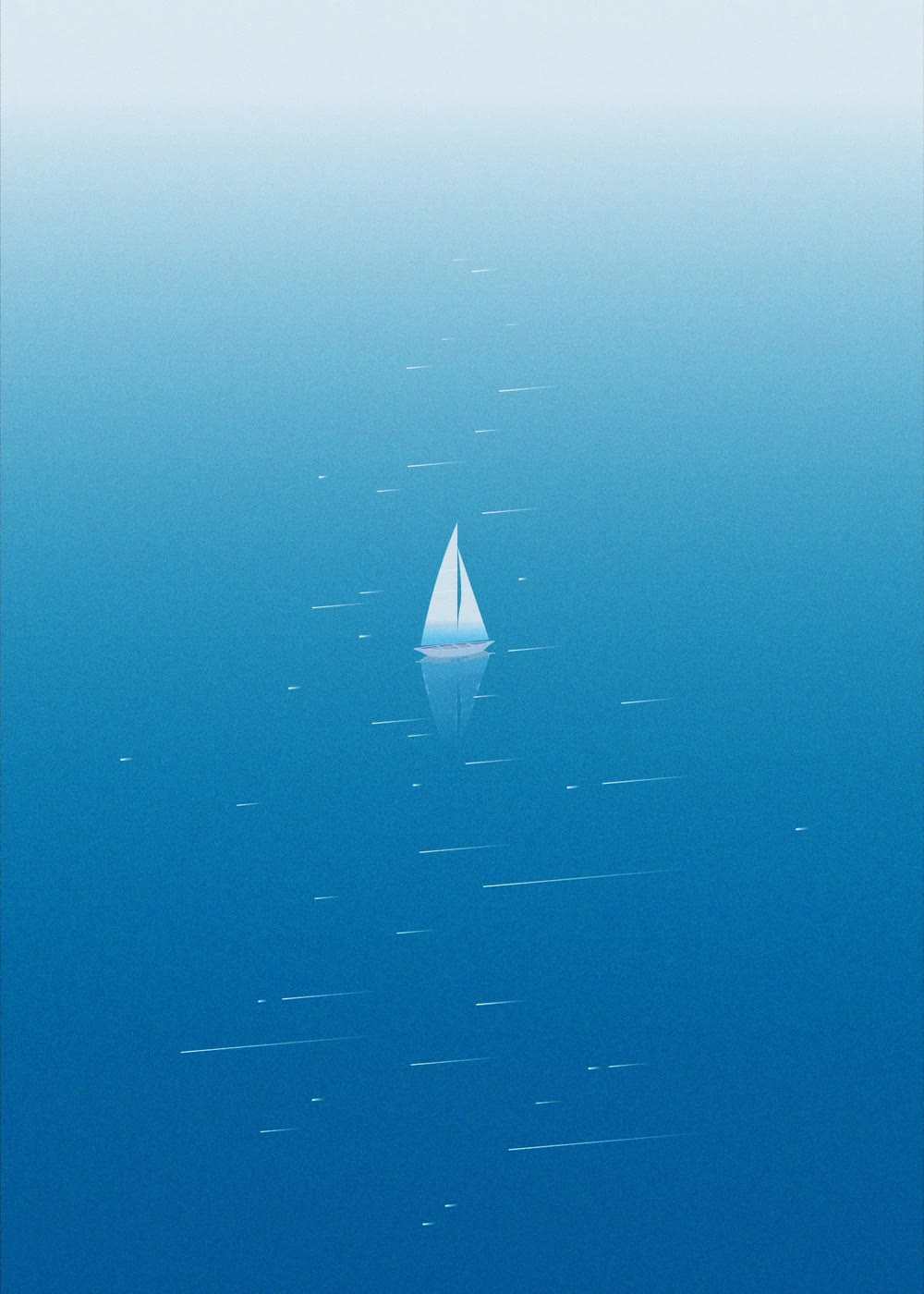 A lone sailboat on a deep blue sea fading into mist