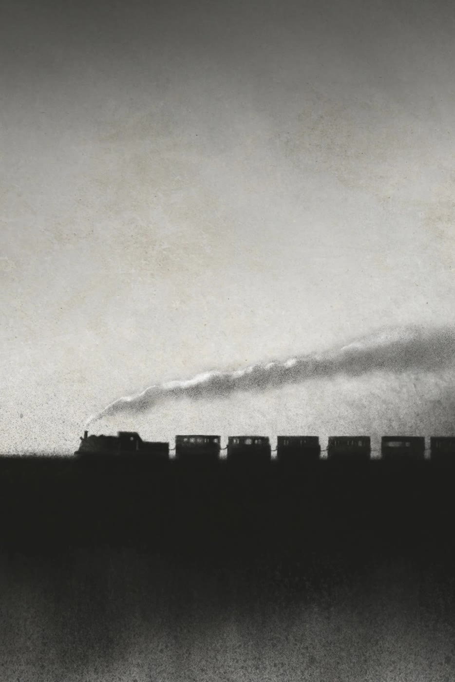 A steam train crossing in black silhouette under a grey sky