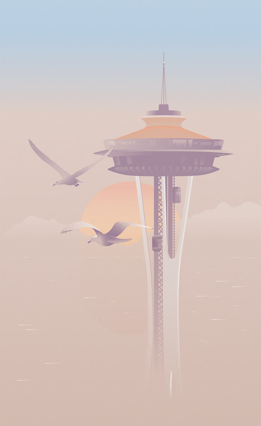 The Space Needle rising through soft pastel haze, with gulls