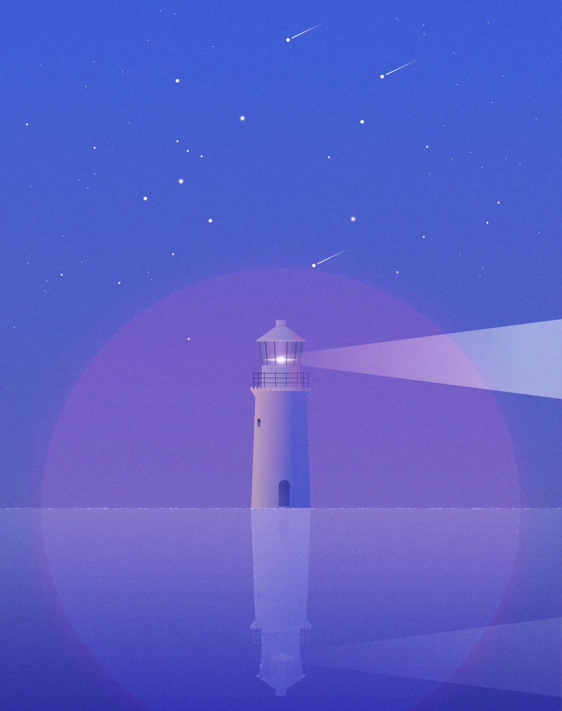A lighthouse beam under a starry violet sky, mirrored in water