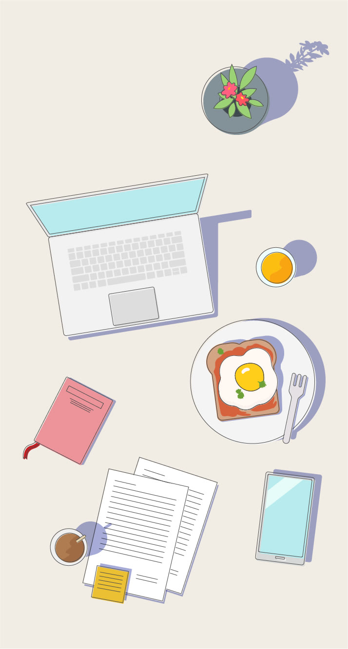 A desk flat lay with laptop, breakfast and notes, for Android Enterprise