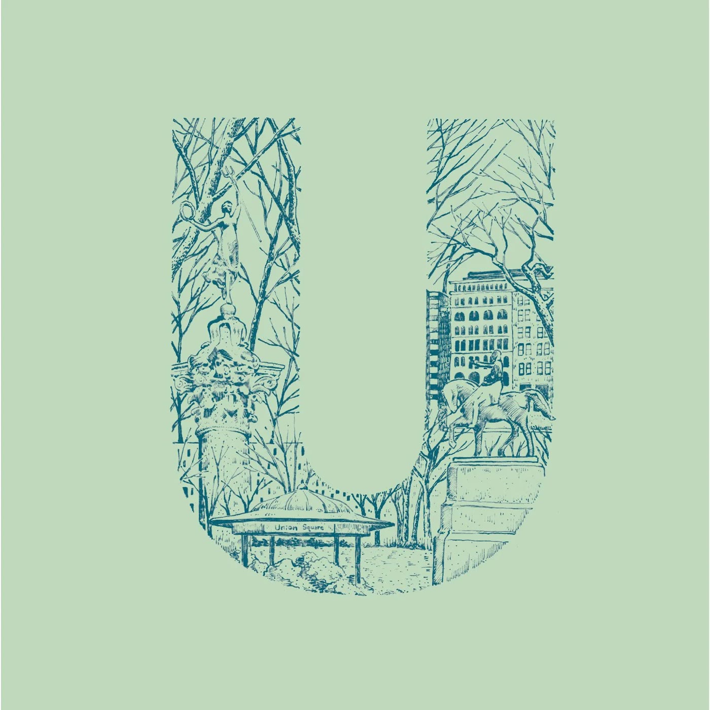 Letter U filled with trees and city buildings in line work