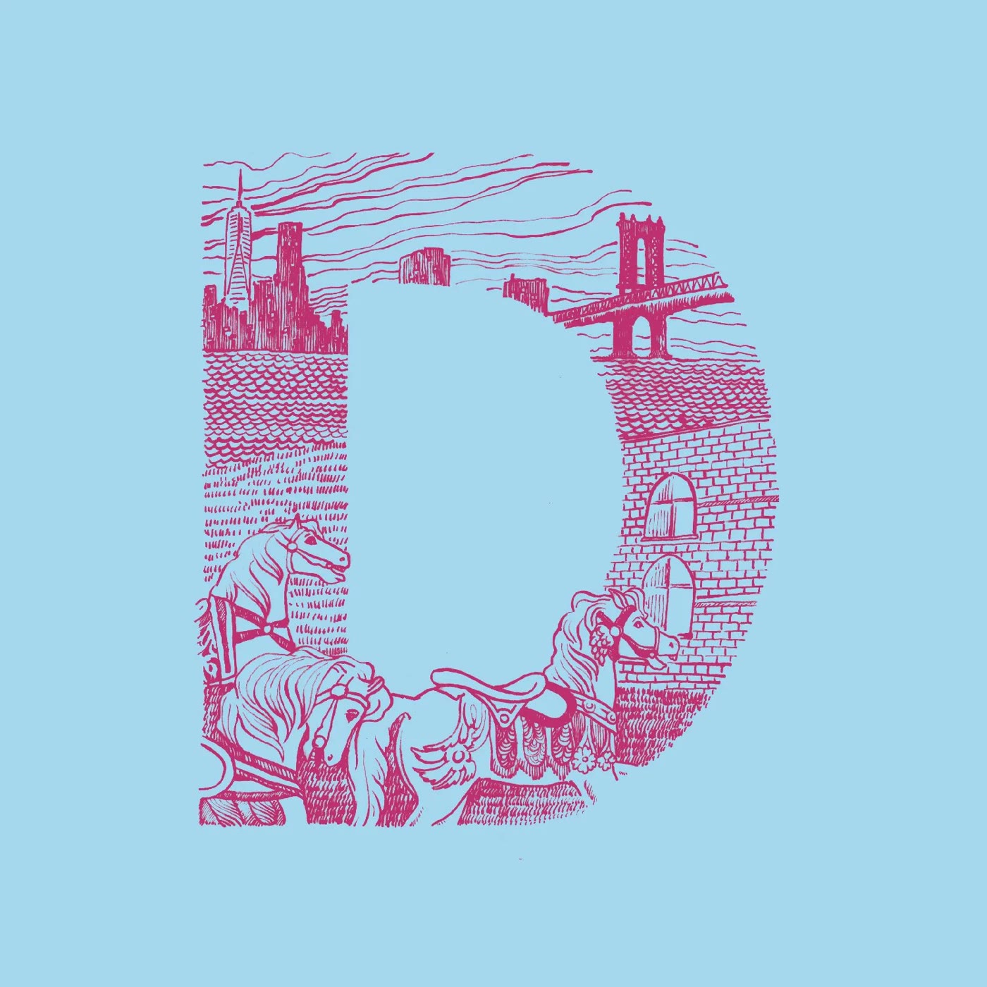 Letter D drawn with bridges and city scenes in magenta