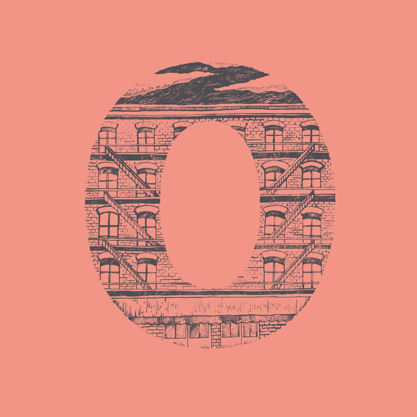 Letter O built from fire escapes and brownstones