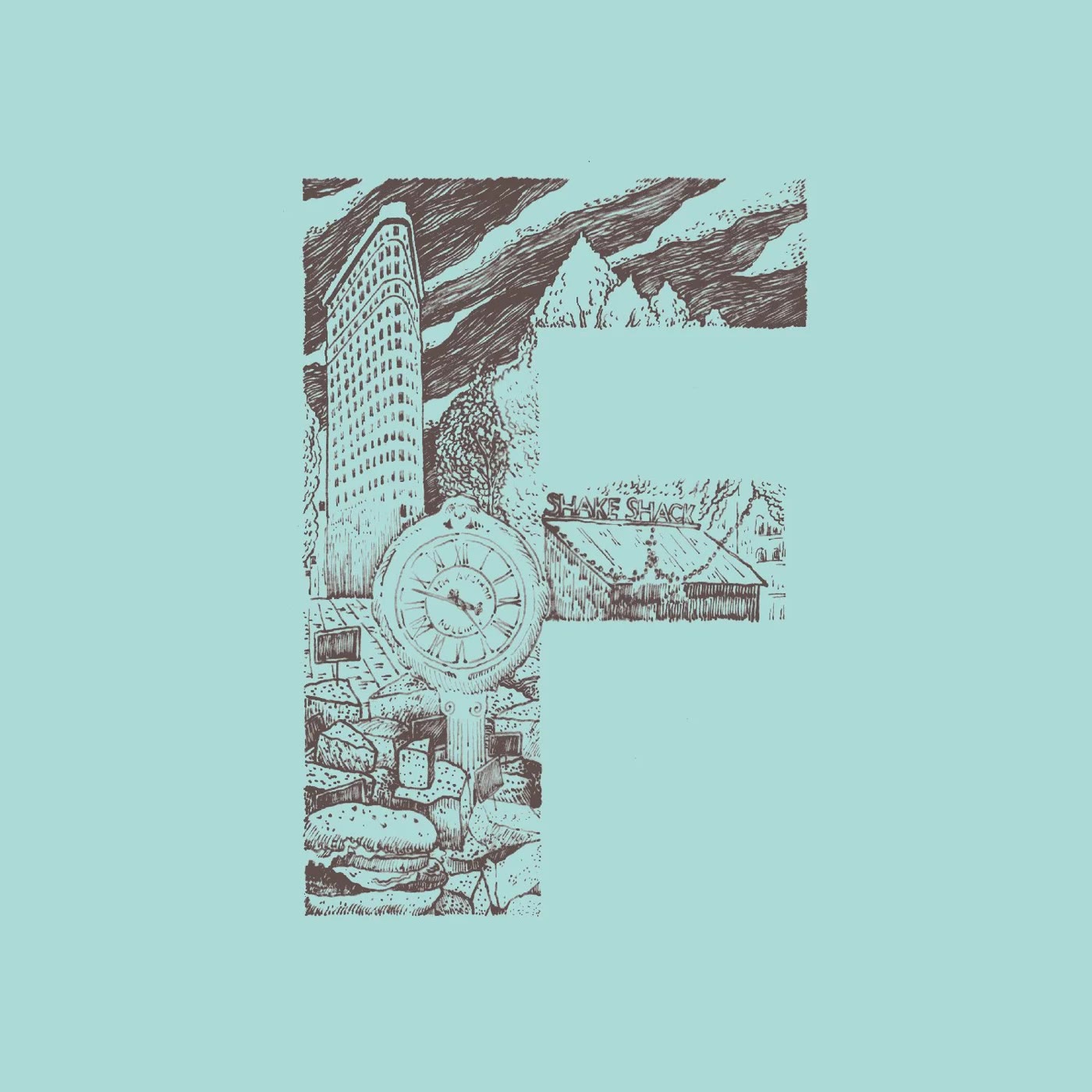 Letter F with the Flatiron building and a pocket watch
