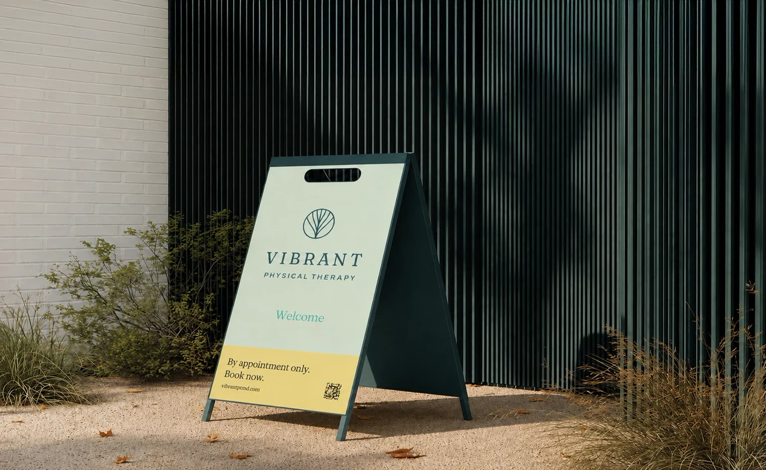 A-frame sidewalk sign in sage and yellow: Welcome, by appointment only, book now