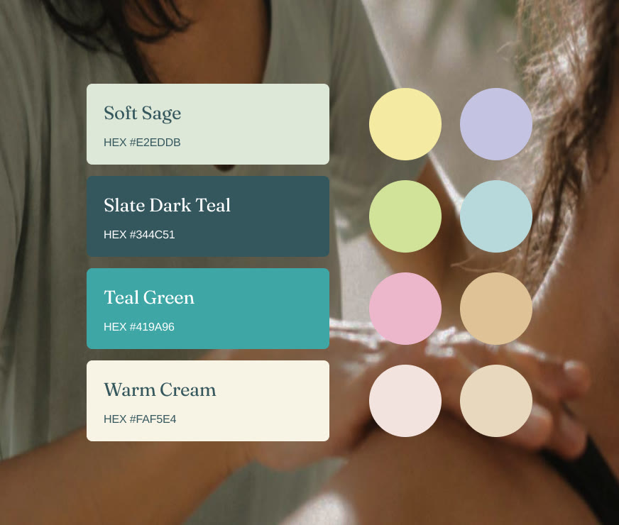 Brand palette: Soft Sage #E2EDDB, Slate Dark Teal #344C51, Teal Green #419A96, Warm Cream #FAF5E4, with soft yellow, lavender, lime, sky, pink, sand and blush accents