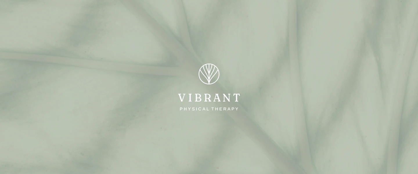 Vibrant Physical Therapy logo in white over a soft sage leaf texture