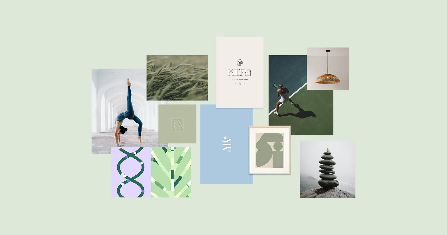 Mood board on sage: a yoga backbend under white arches, wheat grass, an embossed mark, a tennis court from above, a rattan pendant lamp, abstract sage shapes and stacked stones