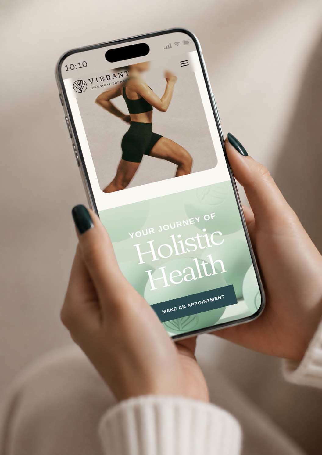 Mobile site in hand: Your journey of holistic health, with a Make an appointment button