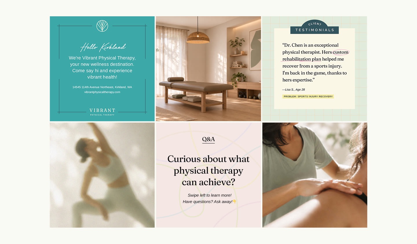 Social posts: Hello Kirkland, the treatment room, a client testimonial, a stretching figure, a Q&A card and a shoulder treatment